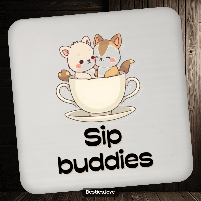 Funny Bestie Animals Coaster: Two animal friends humorously trying to fit into a small teacup, a delightful piece of functional art.