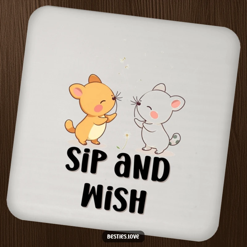 Funny Dandelion Wishes Animals Coaster depicting two animals blowing dandelion seeds, adding a whimsical touch to drink protection.