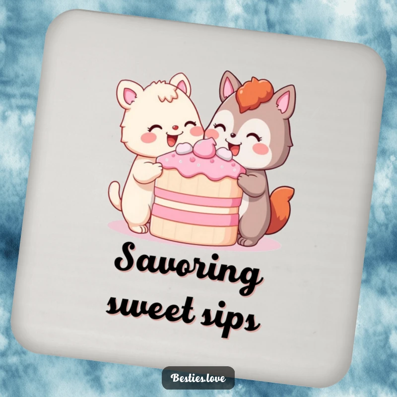 Funny Drink Coasters depicting two animals joyfully sharing a large cake with pleased smiles, adding a humorous and sweet touch to any tabletop.