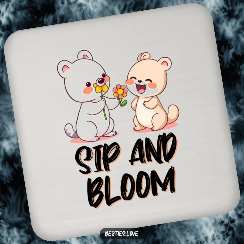 Funny drink coasters showing a cute animal offering a bright flower to a laughing companion, perfect for adding charm.