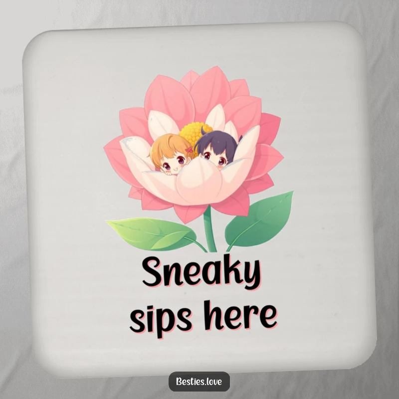 Funny drink coaster with two characters peeking from behind a vibrant flower, adding playful charm and protecting surfaces.