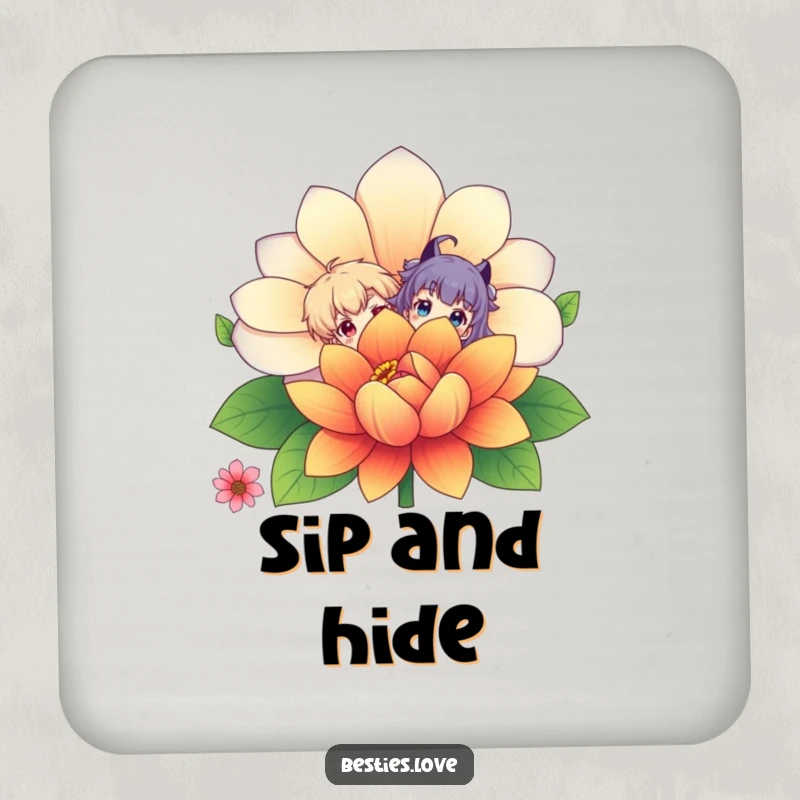 Funny Coasters: Two characters peek playfully from behind a large flower, offering humorous protection for drinks and tabletops.