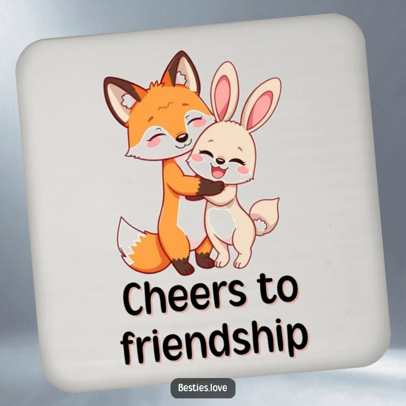 Funny Fox and Bunny Coasters: A fox and bunny share a secret hug, bringing playful friendship and surface protection.