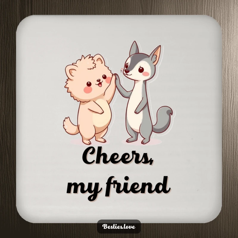 Funny friends drink coaster, two kawaii animal friends, a fluffy and a sleek creature, enthusiastically high-fiving.