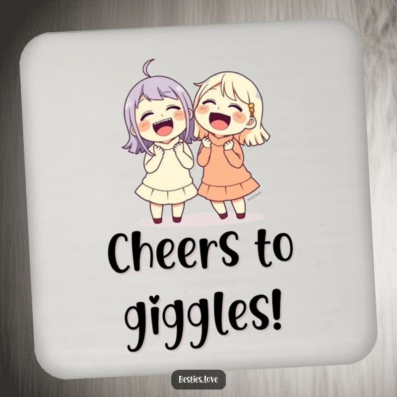 Funny friends laughing uncontrollably, holding their sides, a set of humorous coasters for protecting furniture.