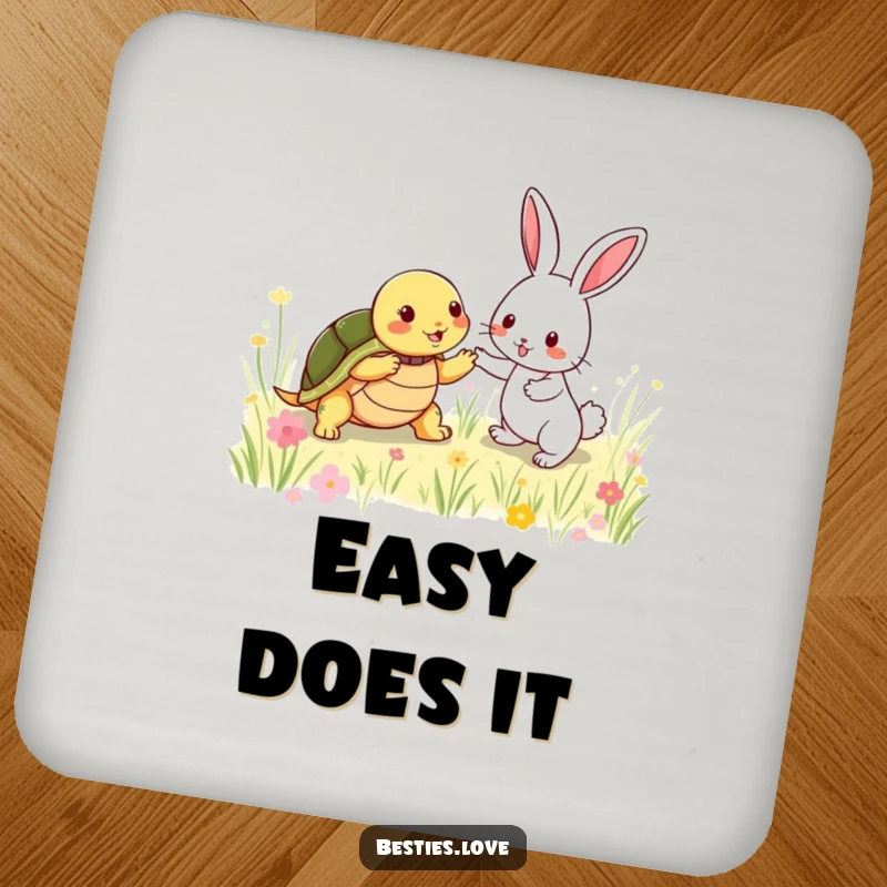 Funny Coasters: A shy turtle and an energetic rabbit playing tag in a meadow, protecting surfaces with a humorous and charming design.