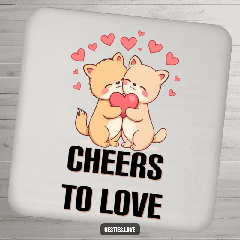 Funny Drink Coasters: Two animals sharing a blissful hug with hearts floating around them, protecting surfaces with love.