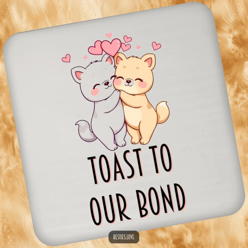 Funny kawaii animals hugging with hearts floating, a set of cute coasters to protect furniture.