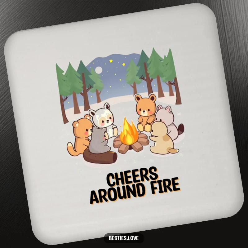 Funny kawaii animals sharing stories around a campfire, a protective drink coaster, adds cozy joy, gift.