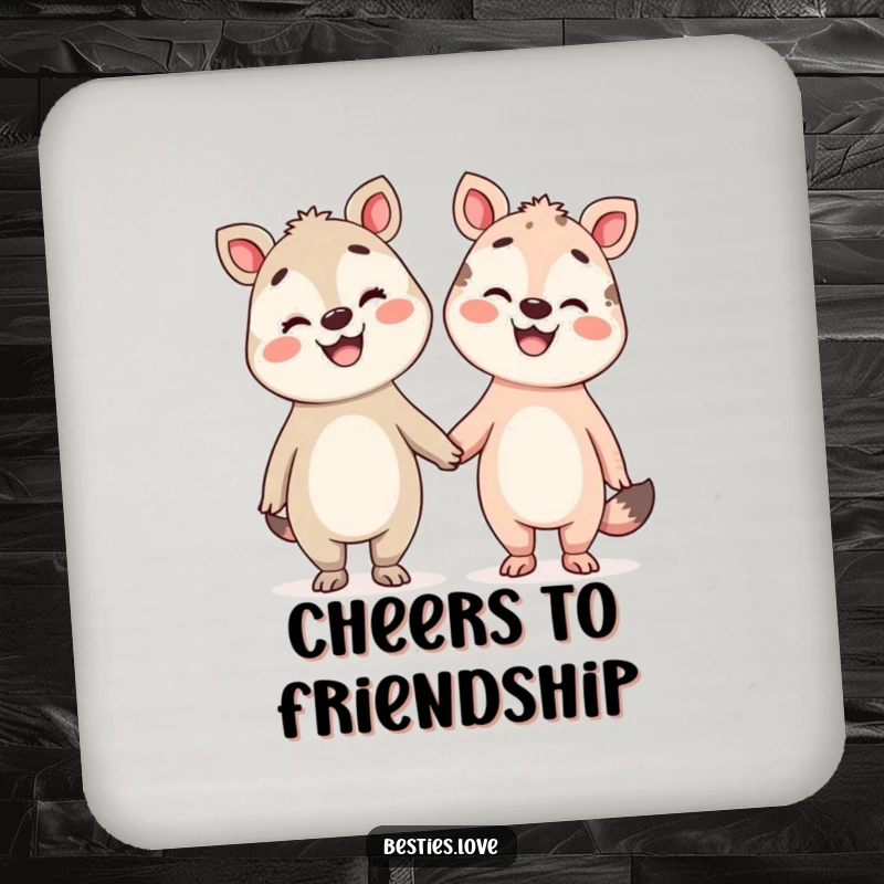 Funny Pals Drink Coaster featuring two silly animals holding hands, their faces beaming with broad smiles, protecting surfaces humorously.