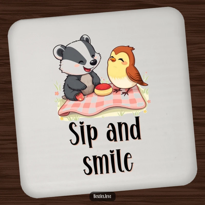 Funny Coasters: A happy badger and a cheerful robin share a picnic, laughing, protecting your tables with a touch of humor.