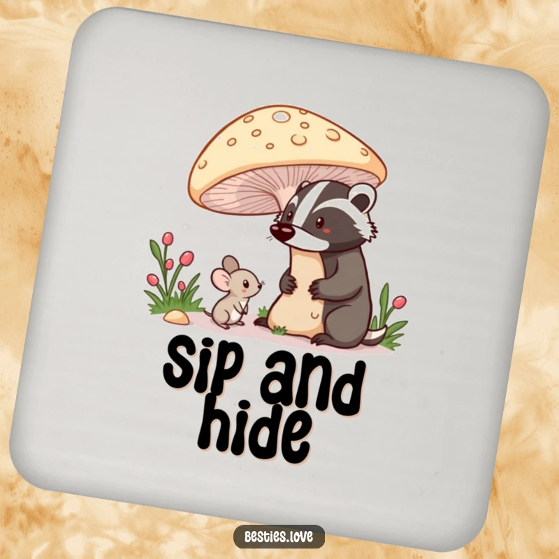 Funny drink coasters featuring a shy mouse peeking from under a mushroom at a proud badger, adding cute forest charm to any table.