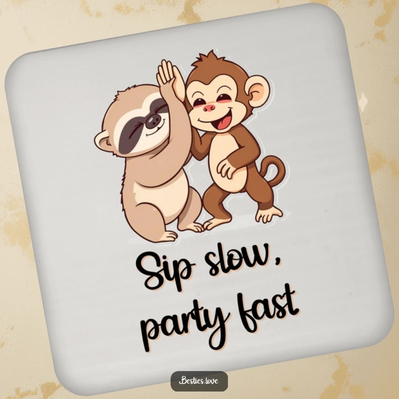 Funny coaster with a sleepy sloth and an energetic monkey high-fiving, protecting tables with a humorous animal design.