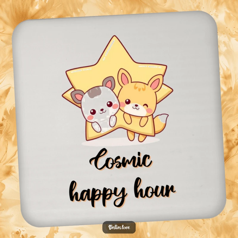 Funny Star Animals Drink Coaster featuring cartoon animals peeking from behind a large, winking star, protecting surfaces with humor.