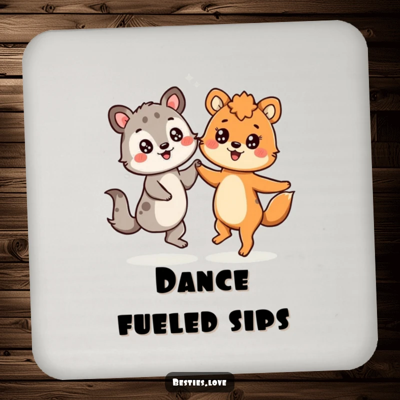 Funny drink coaster with two animals dancing joyfully, featuring starry-eyed looks, adding cheerful charm and protecting surfaces.