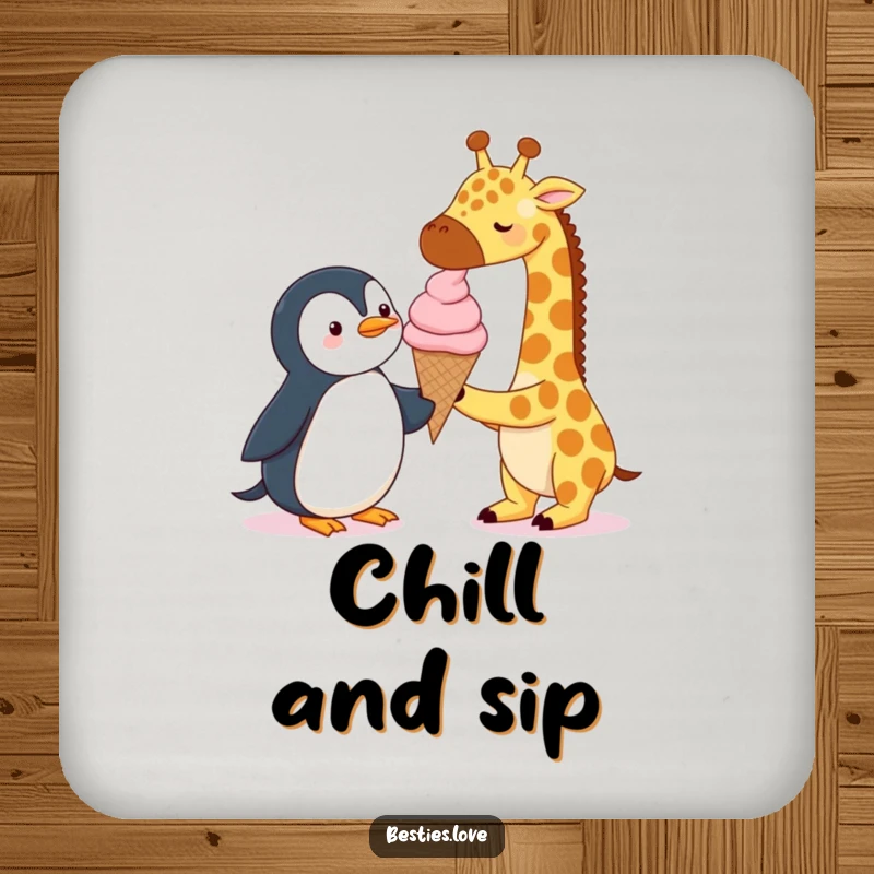 Funny Coasters: A giraffe and a penguin sharing a single, oversized ice cream cone, protecting surfaces with sweet humor.