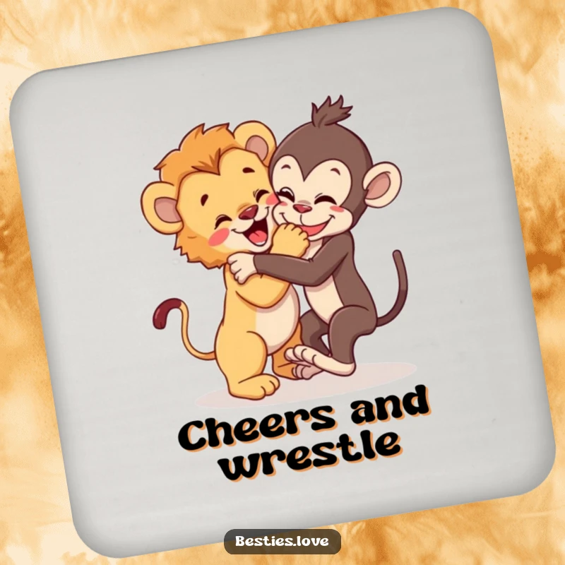 Funny Coasters: A lion cub and a playful monkey wrestling joyfully, protecting surfaces with a humorous and energetic design.