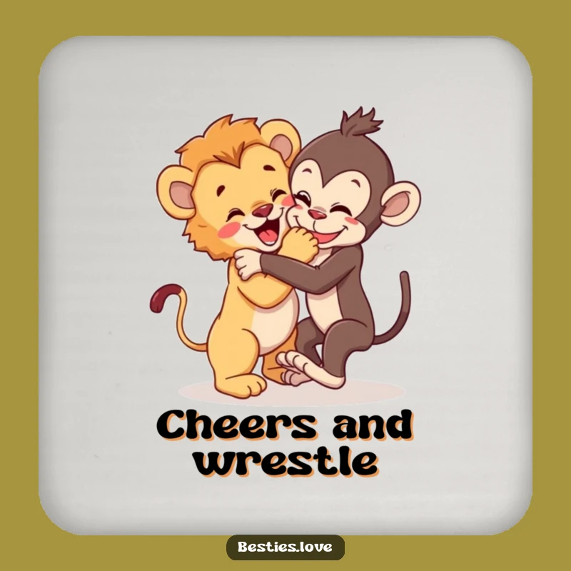 Funny Wild Pals Coaster Set: Lion Cub & Monkey Wrestle Protection, Perfect Funny Gift