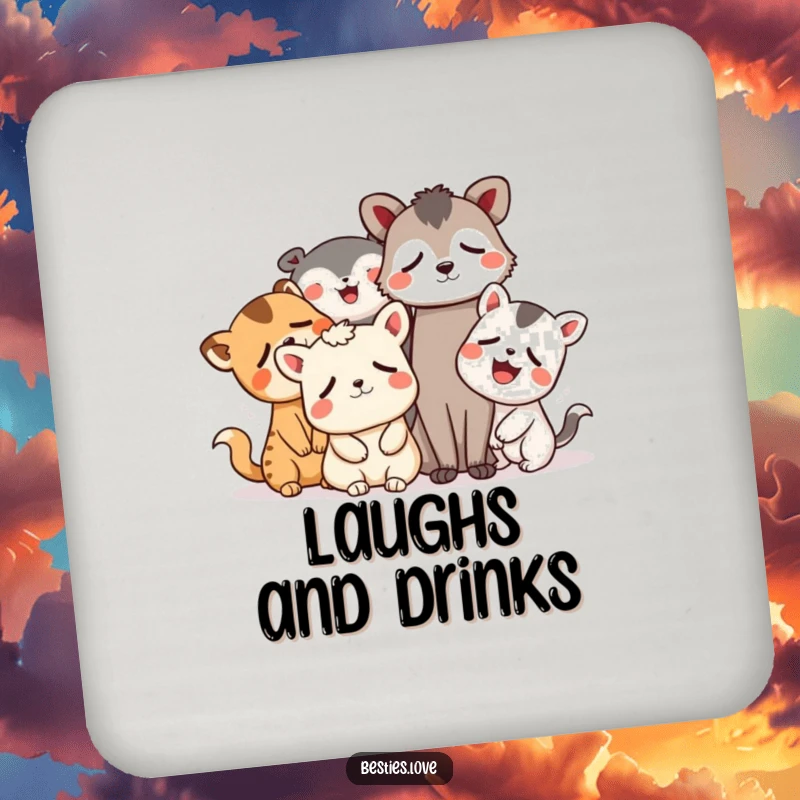 Funny animal coasters depicting a group of whimsical friends laughing heartily, eyes teary, bringing hilarious joy to your table.