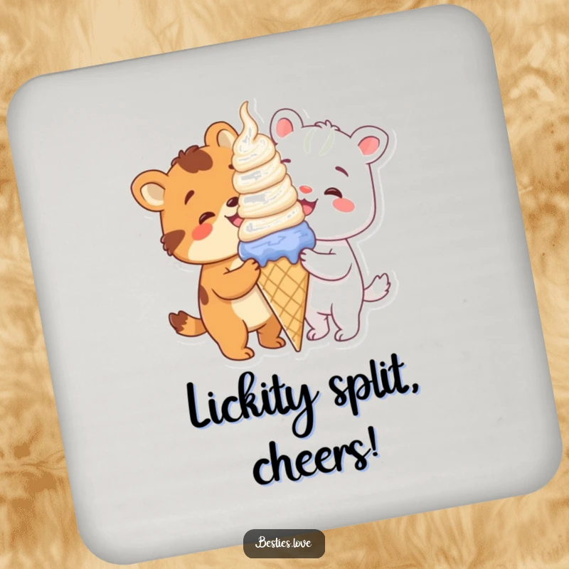 Funny animals sharing a giant ice cream cone, a set of cute coasters for protecting furniture.