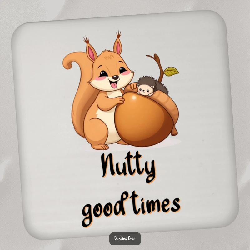 Funny coaster showing a squirrel sharing an acorn with a hedgehog, protecting surfaces with a cute design.