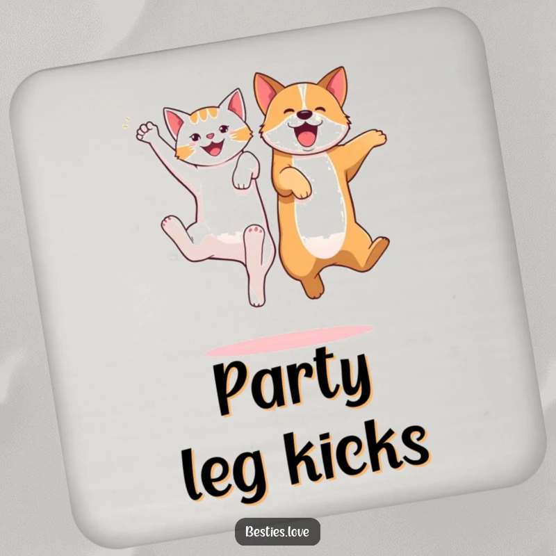 Funny drink coasters featuring a cat and dog jumping high, kicking legs with excitement, adding playful pet charm to any table.