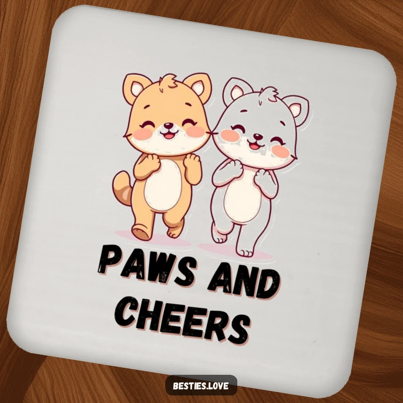 Funny kawaii animals holding paws and walking happily, a protective drink coaster for tables, adds joy, gift.