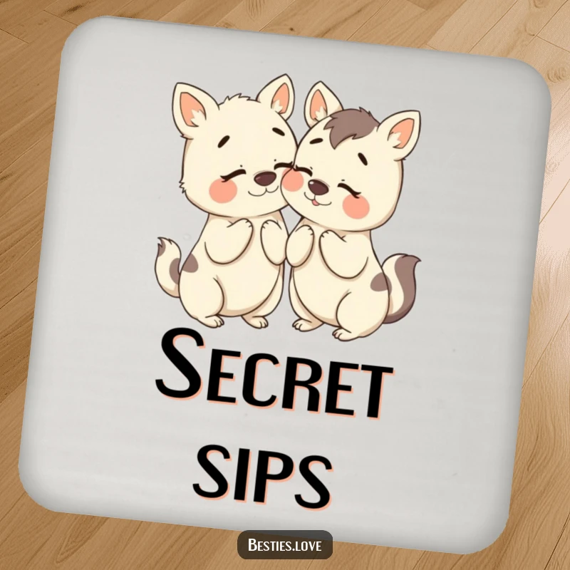 Funny Bestie Animals Coaster: Two animal companions humorously whispering secrets with exaggerated expressions, a piece of functional art.
