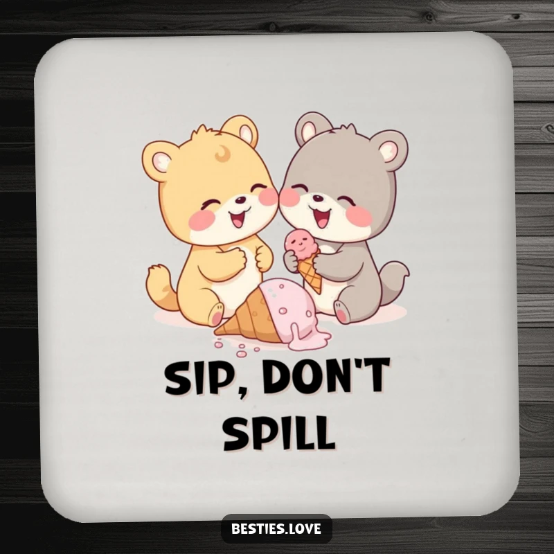 Funny animal pals drink coaster, two cute animals giggling over a dropped ice cream cone, protects surfaces.