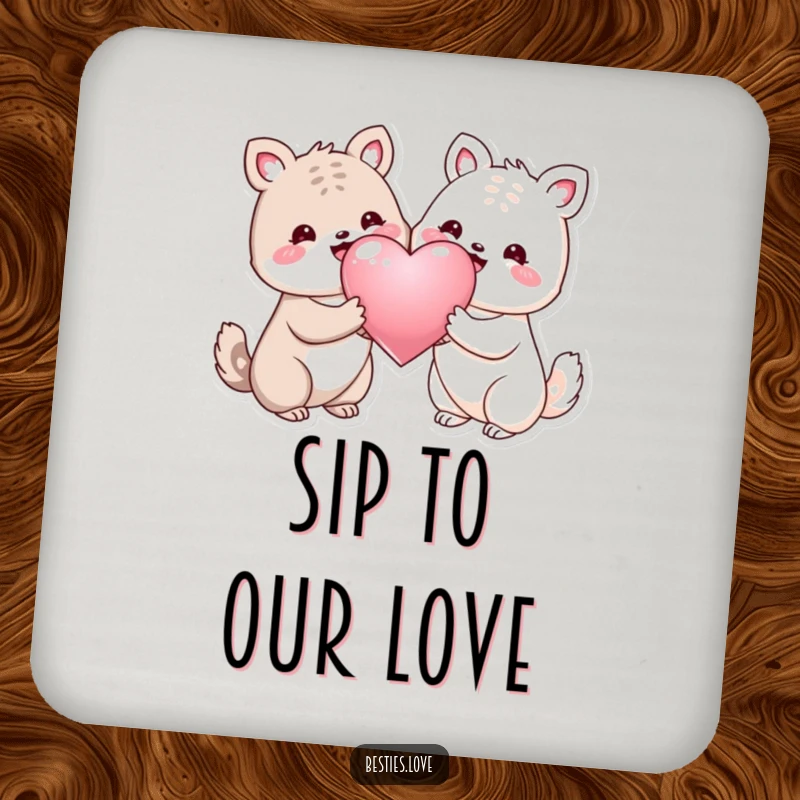 Funny drink coasters featuring two smiling animals sharing a large shiny heart, protecting surfaces with a touch of love.