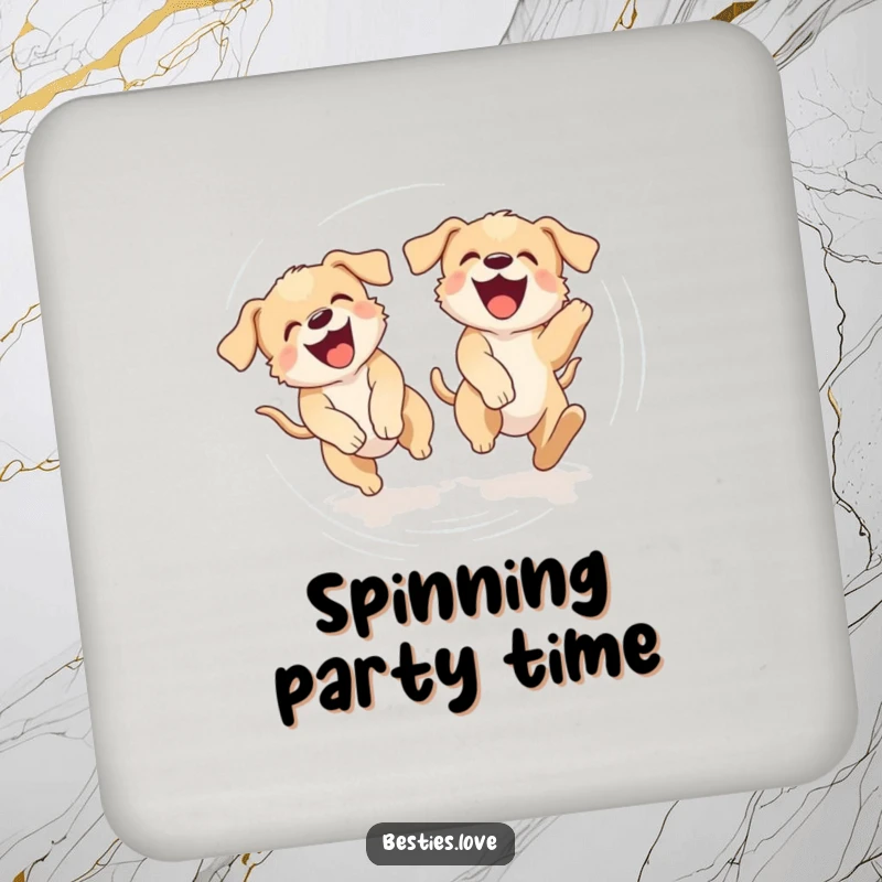 Funny drink coasters featuring two laughing puppies chasing their tails in a dizzying circle, adding playful dog charm to any table.