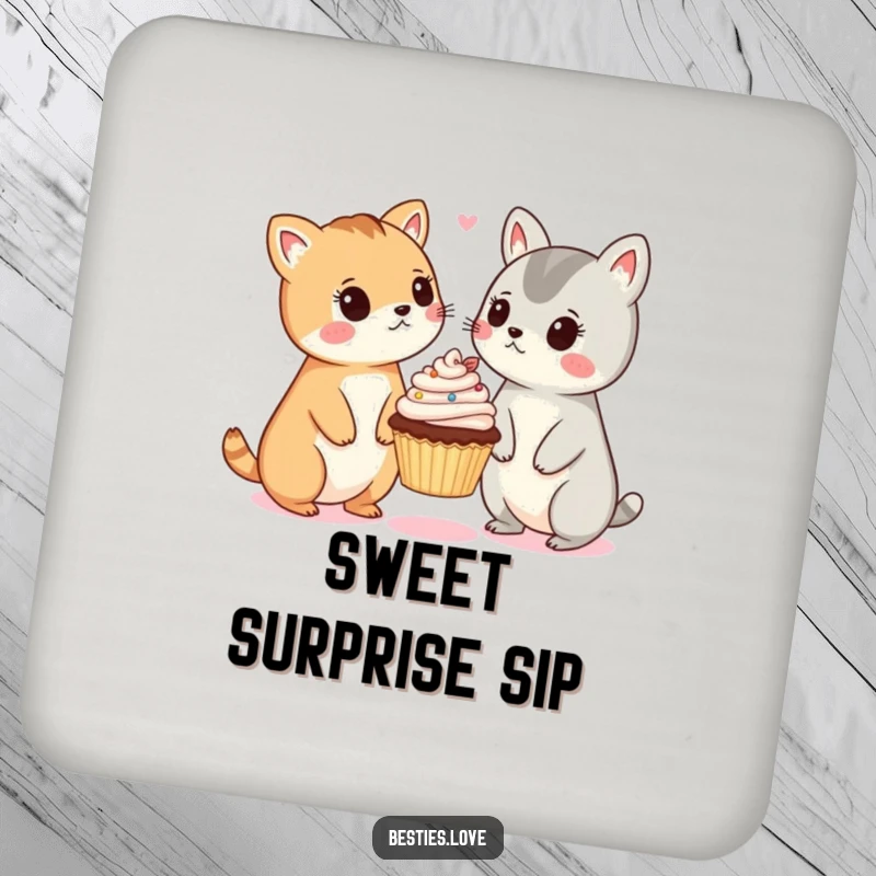 Funny drink coasters featuring two surprised animals looking at a tiny floating cupcake, adding whimsical decor to tables.
