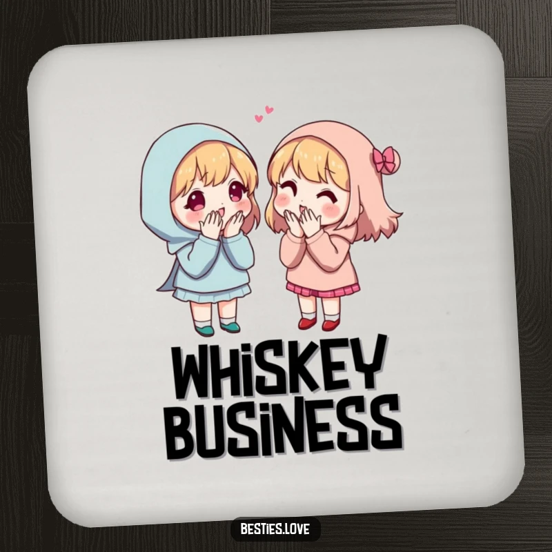 Funny Secret Sharing Friends Coaster depicting two friends whispering secrets with exaggerated expressions, adding humor to protection.