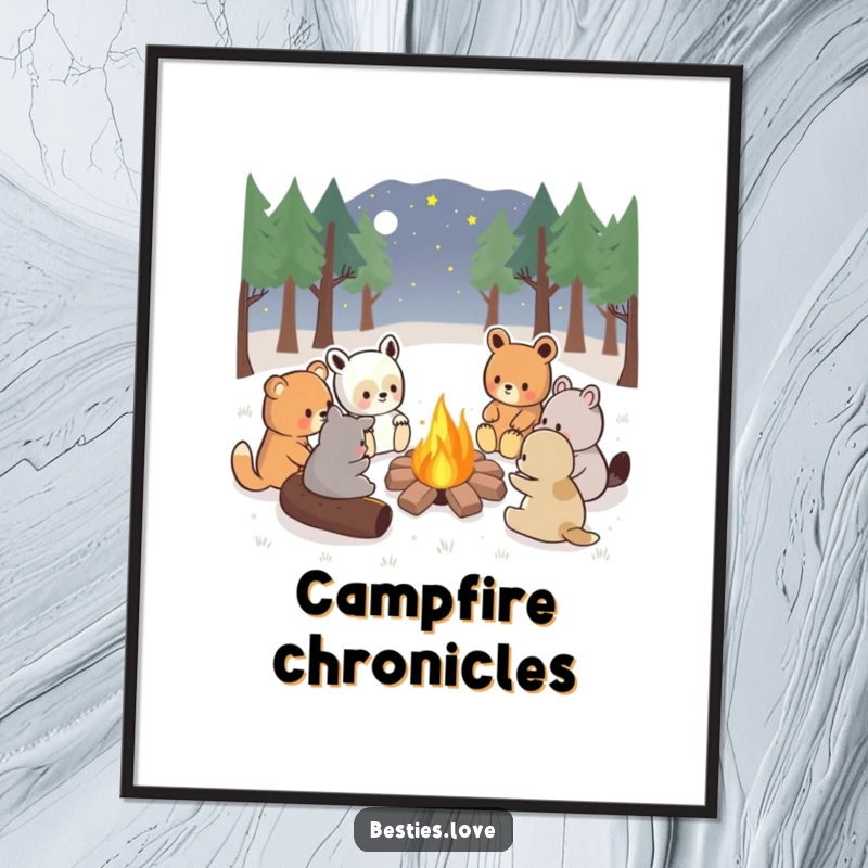 Funny kawaii animals telling stories around a campfire, a heartwarming and humorous poster for wall decor, excellent gift.