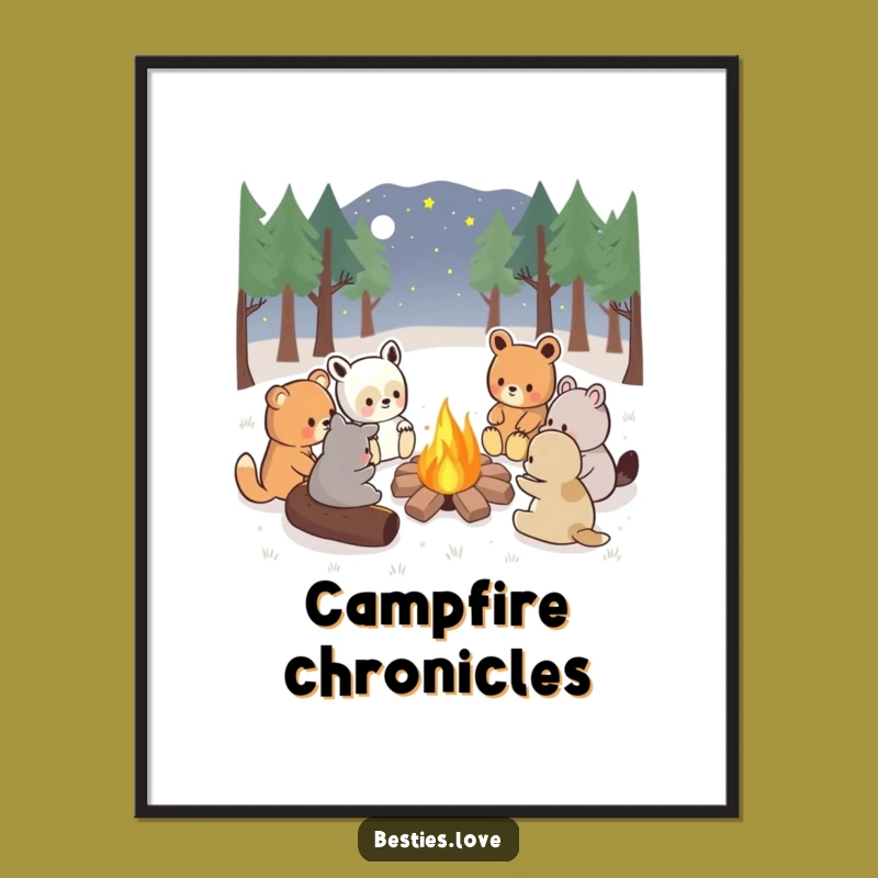 Funny Kawaii Campfire Friends Poster, Cozy Wall Art Gift