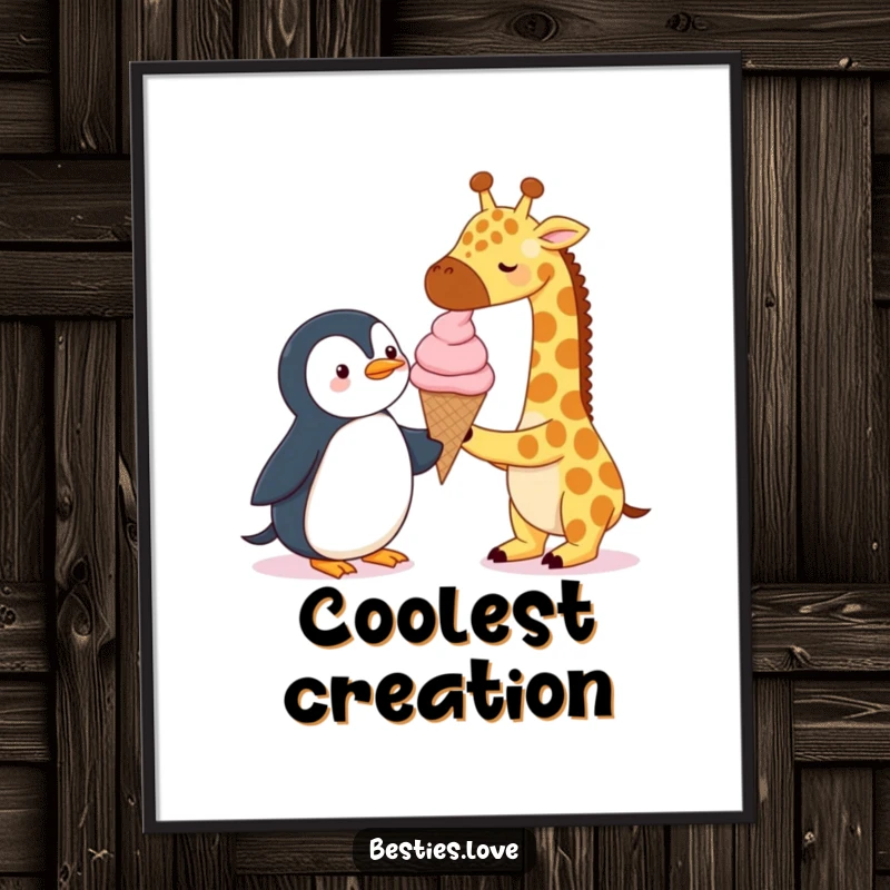 Funny Poster: A giraffe and a penguin sharing one giant ice cream cone, a humorous and visually appealing illustration for any room.