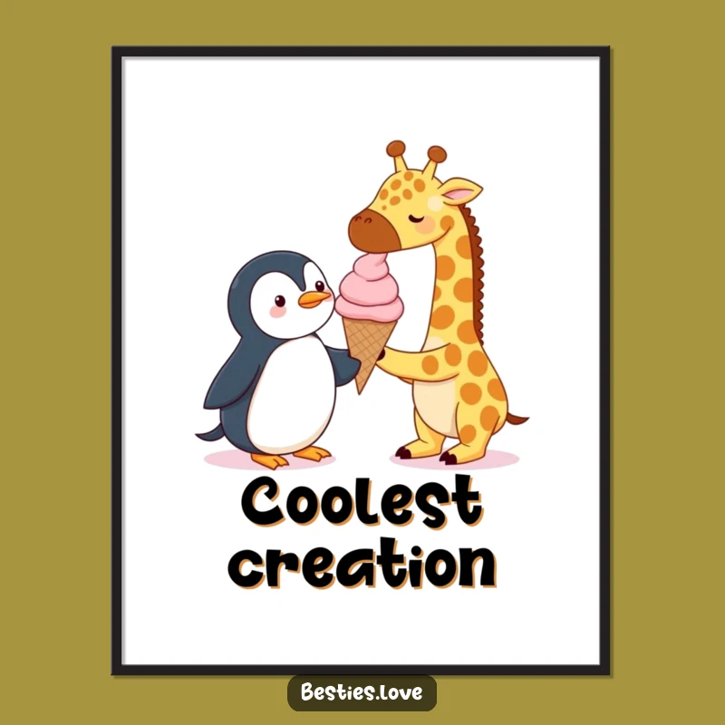Funny Sweet Treat Poster: Giraffe & Penguin Ice Cream Scene, Great Funny Gift