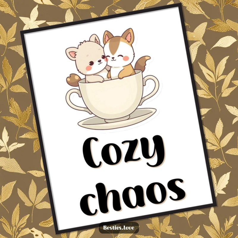 Funny Bestie Animals Poster: An artistic depiction of two best friends hilariously attempting to fit inside a small, whimsical teacup.