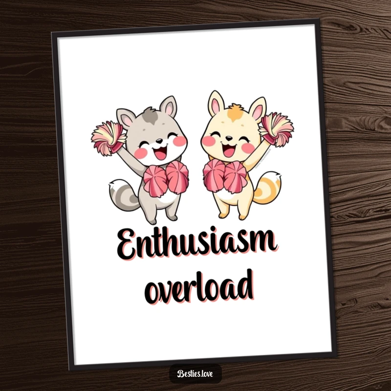 Funny Animal Friends Poster: An artistic depiction of two friends enthusiastically cheering with pom-poms and bright smiles, radiating joy.