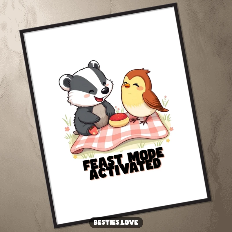 Funny Poster: A happy badger and cheerful robin sharing picnic food and laughing hysterically, creating a vibrant, humorous wall art.