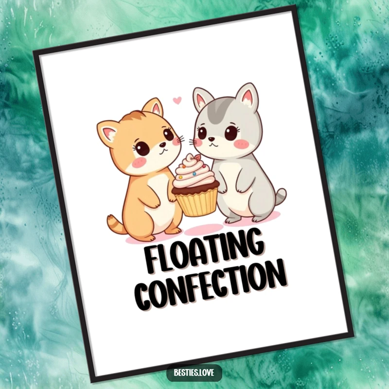 Funny poster print of two cute animals with wide eyes looking surprised at a small cupcake hovering in the air, charmingly funny.