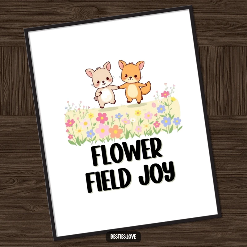 Funny animal friends poster illustrating two happy creatures holding hands and skipping joyfully through a lush field of colorful flowers.