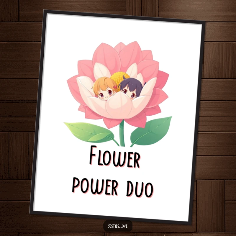 Funny poster of two characters peeking from behind a giant, vibrant flower, creating a whimsical and joyful decorative piece.