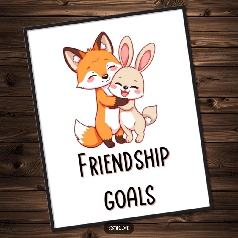Funny Fox and Bunny Poster: A playful fox and bunny share a secret hug, symbolizing best friends and heartwarming moments.