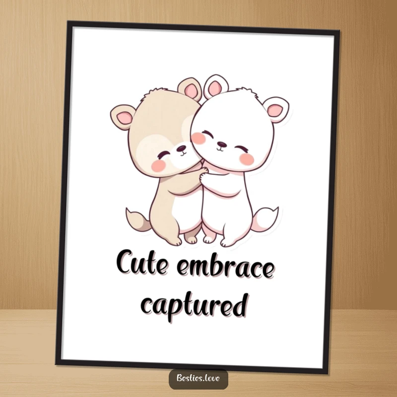 Funny animal hug poster showcasing two very cute animals with large heads and short limbs in a tender, warm embrace.