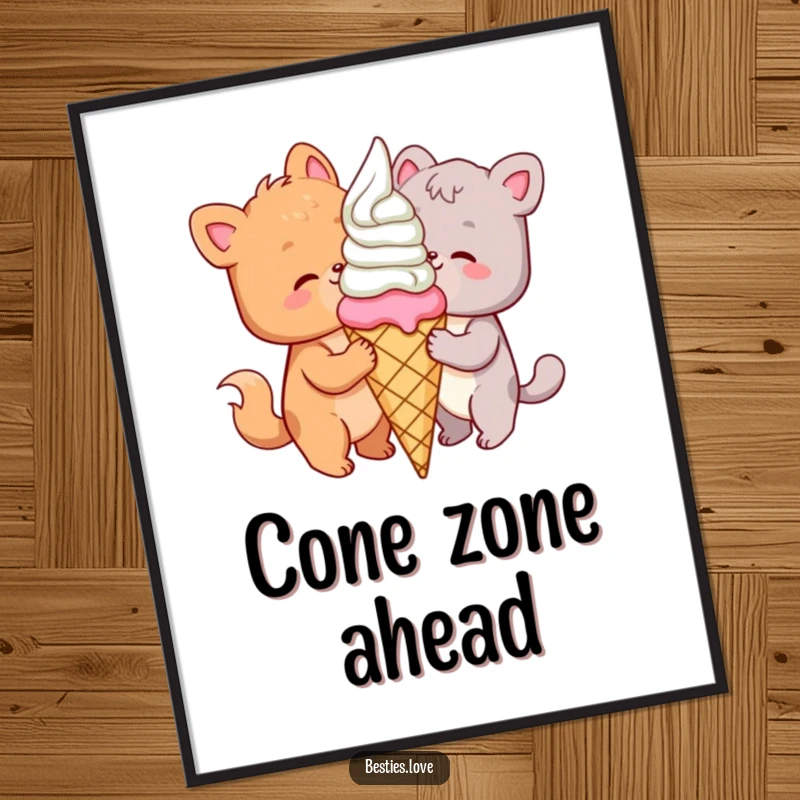 Funny animal poster depicting two joyful friends in perfect harmony, sharing a single, colossal ice cream cone with delight.