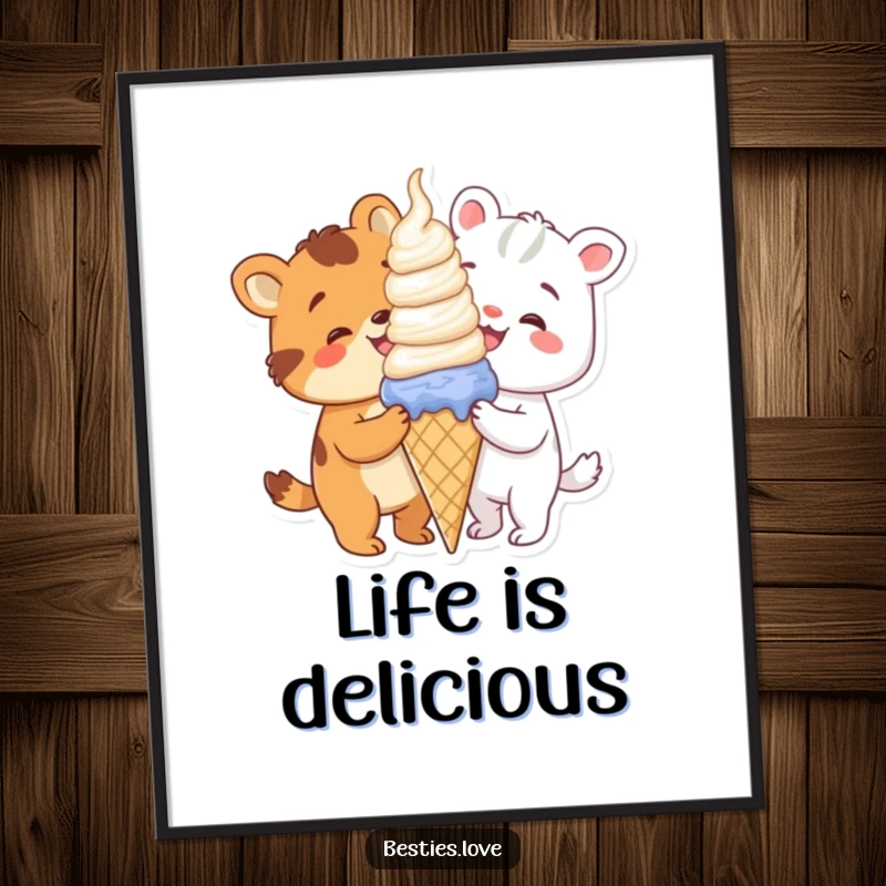 Funny animals enjoying a huge ice cream cone together, a joyful and sweet piece of wall art.