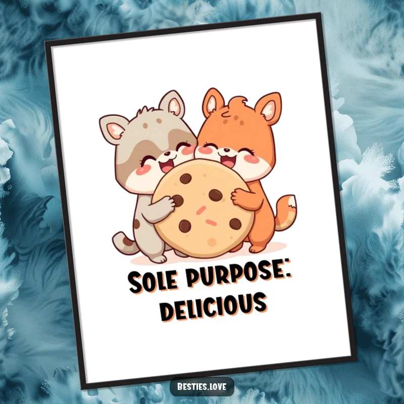 Funny poster art of two smiling animal companions enjoying a gigantic cookie together, symbolizing friendship and shared happiness on your wall.
