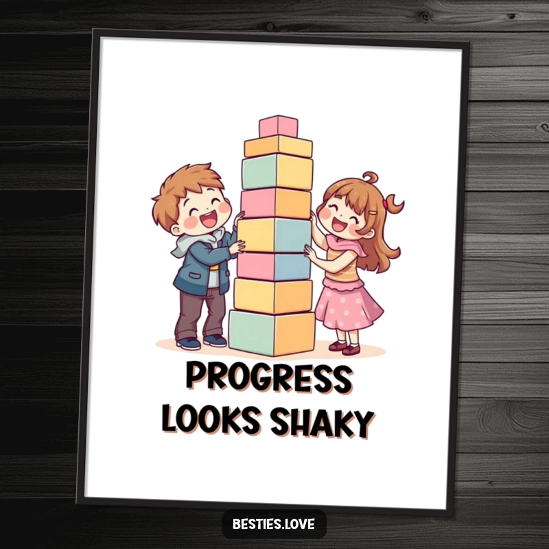 Funny poster art of best friends laughing as they build an extremely tall, unstable block tower, symbolizing shared effort and joy.