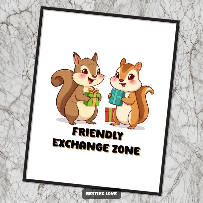 Funny poster featuring a squirrel and chipmunk best friends excitedly exchanging brightly wrapped gifts, evoking joy and camaraderie.